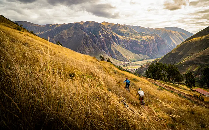 Riders biking across golden ridges in Lamay's upper slopes (Peru Biking Tours)